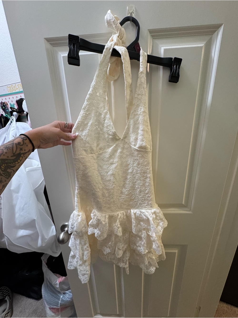 Windsor Cream Lace Halter Ruffle Mini Dress